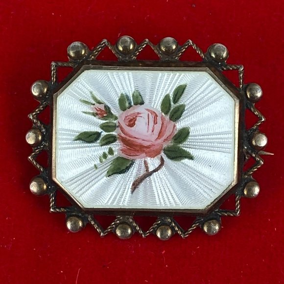 Vintage Pearl White Guilloche Enameled Rose Bouquet Broach - Picture 1 of 6
